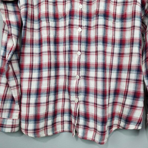Horny Toad Flannel Tunic Top Sz S Red Cream Plaid Gathered Back Shirt Pockets LS - Picture 4 of 14